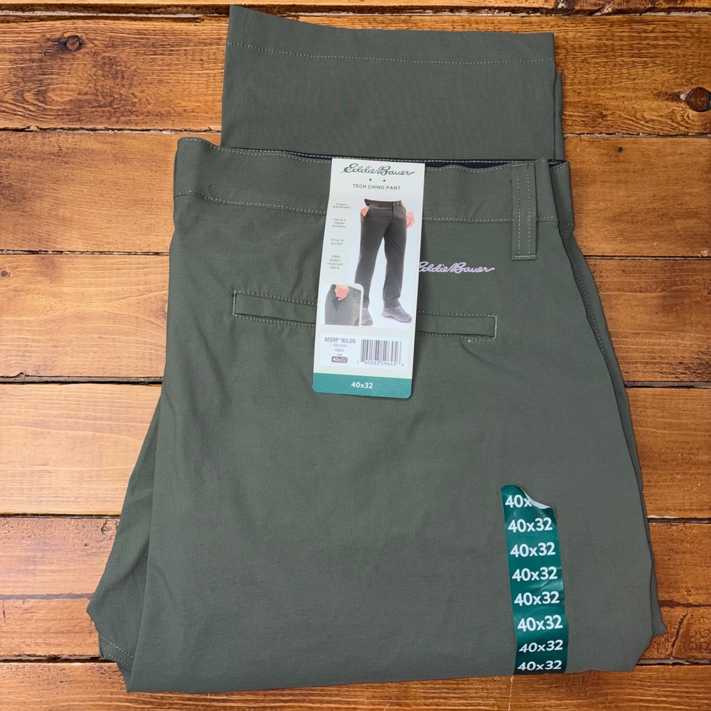 Eddie Bauer Tech Chino Pant Mens 40x32 Green Water Resistant Stretch Hiking NEW